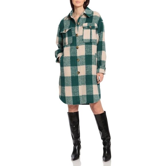 AVEC Les Filles Longline Buffalo Check Coat Revolve Green Plaid Shacket Small - Picture 2 of 4